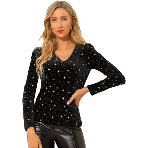 Allegra K Women's Velvet V-Neck Long Sleeve Halloween Shiny Gilding Metallic Stars Top