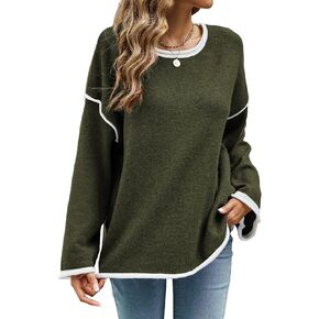 HOCOSIT Womens Sweaters Casual Oversized Batwing Long Sleeve Crewneck Contrast Color Knitted Pullover Top