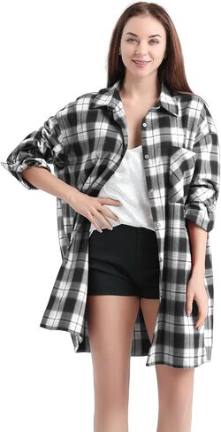 قميص منقوش نسائي مقاس كبير من AGO FTYxTRA - بلوزة ذات جودة عالية مريحة وحسن المظهر على طراز الصديق مقاس كبير in Kuwait