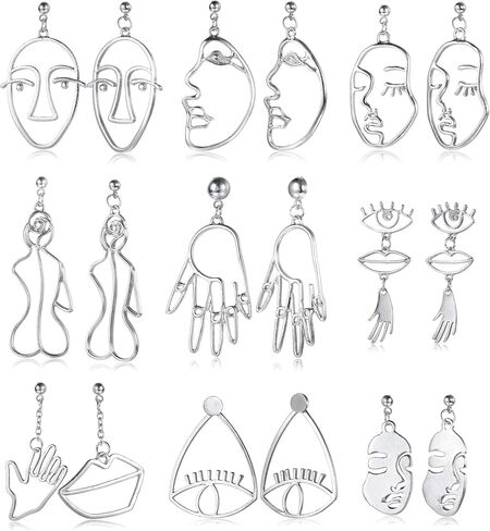 YADOCA 9 Pairs Face Hand Earrings for Women Hollow Statement Geometric Fun Abstract Art Earrings in Saudi Arabia