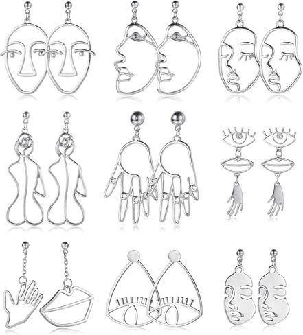 YADOCA 9 Pairs Face Hand Earrings for Women Hollow Statement Geometric Fun Abstract Art Earrings in Saudi Arabia