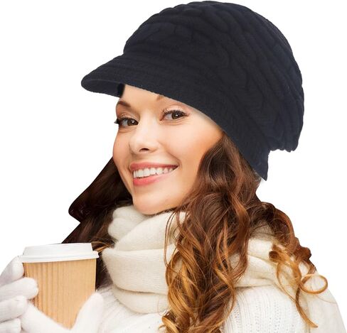 قبعات صغيرة للنساء، إكسسوارات الملابس الشتوية الخارجية، قبعات دافئة محبوكة مع بطانة من الصوف الدافئ، قبعة بيريه أنيقة سميكة وقابلة للتمدد للنساء والسيدات والفتيات (أسود) in Kuwait