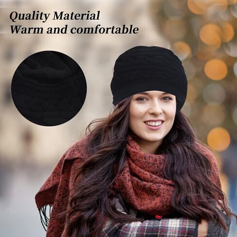 قبعات صغيرة للنساء، إكسسوارات الملابس الشتوية الخارجية، قبعات دافئة محبوكة مع بطانة من الصوف الدافئ، قبعة بيريه أنيقة سميكة وقابلة للتمدد للنساء والسيدات والفتيات (أسود) in Kuwait