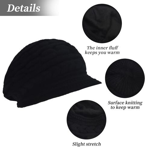 قبعات صغيرة للنساء، إكسسوارات الملابس الشتوية الخارجية، قبعات دافئة محبوكة مع بطانة من الصوف الدافئ، قبعة بيريه أنيقة سميكة وقابلة للتمدد للنساء والسيدات والفتيات (أسود) in Kuwait