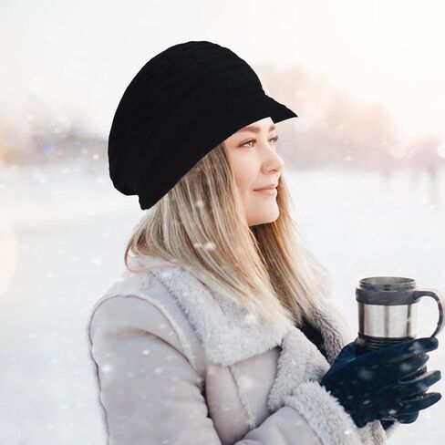 قبعات صغيرة للنساء، إكسسوارات الملابس الشتوية الخارجية، قبعات دافئة محبوكة مع بطانة من الصوف الدافئ، قبعة بيريه أنيقة سميكة وقابلة للتمدد للنساء والسيدات والفتيات (أسود) in Kuwait