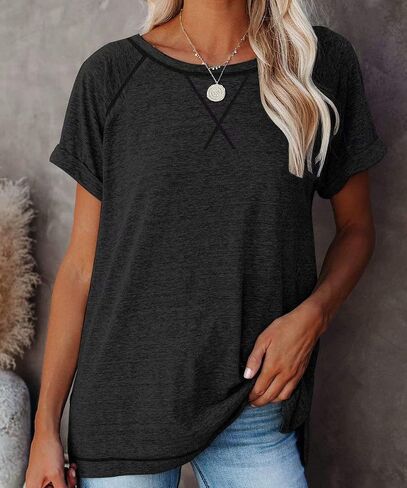 Women's Tops Short Sleeve T Shirts Crewneck Casual Loose Fit Tunic Tops in Kuwait