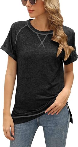 Women's Tops Short Sleeve T Shirts Crewneck Casual Loose Fit Tunic Tops in Kuwait