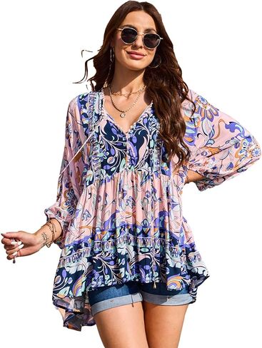HECCPLI Women Boho V-neck 3/4 Sleeves Tunic Top Relaxed Fit Casual Print Blouse in Saudi Arabia
