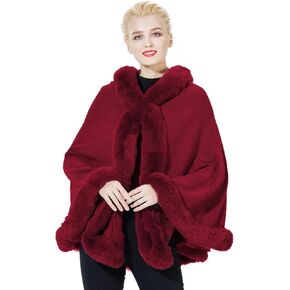 SUFCOMOU Poncho Hooded Shawl Wrap Women Cape Winter Faux Fur Trim Coat Sleeveless Cardigan Dressy Cloak for Party