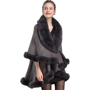 SUFCOMOU Women Poncho Cape Faux Fur Shawl Wrap Winter Faux Fur Trim Coat Sleeveless Cardigan Dressy Cloak