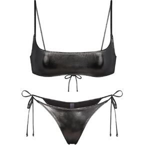 Womens Metallic Bikini Sets - Sexy Retro Shiny Swimsuit Rave Outfit Micro Scoop Top Tie Side Thong 2 Pcs Bathing Suit