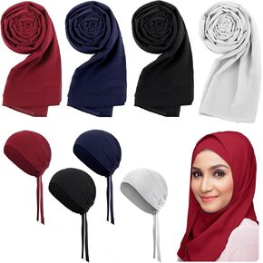 4 Pcs Women Chiffon Scarves 4 Pcs Hijab Caps Long Shawl Soft Wrap Scarves Islamic Muslim Underscarf Turban Caps Sleep Hats