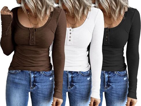 3 مجموعات من القمصان النسائية من SUNBS بأكمام طويلة، قمصان كاجوال للخريف من Henley، بلوزات علوية بأزرار سفلية، تي شيرتات أساسية متماسكة مضلعة in Kuwait