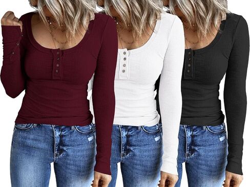 3 مجموعات من القمصان النسائية من SUNBS بأكمام طويلة، قمصان كاجوال للخريف من Henley، بلوزات علوية بأزرار سفلية، تي شيرتات أساسية متماسكة مضلعة in Kuwait