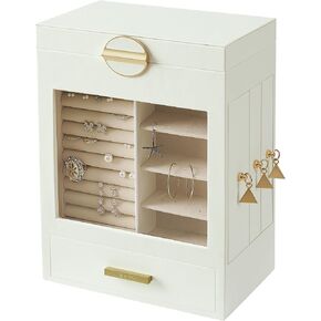 VIMBER Jewelry Box for Women, Jewelry Organizer with Glass Lid, Jewelry Storage with 3 Side Drawers, Jewelry Storage Case with Big Mirror, Modern Style, Gift for Loved Ones, White and Gold in Kuwait