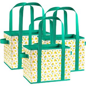(3 Pack) Heavy Duty Reusable Grocery Bags with Handles Box Shape to Stand Up, Stay Open & Fold Flat, Large Tote Bags Organizer with Long Handles & Reinforced Bottom For Shopping & Bulk in Kuwait