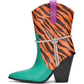 Cape Robbin Omeya Women's Chunky Western Cowgirl Booties, Block Heel Pointy Toe Ankle Boots with Rhinstone Rope Design