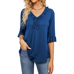 Poetsky Women's 3/4 Sleeve Tops Casual V Neck Shirts Loose Ruffle Tunic Blouses