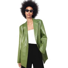 سترات MJORI النسائية الطويلة المصنوعة من الجلد الصناعي ذات الحجم الكبير، ملابس خارجية من البولي يوريثان مع جيب in Kuwait