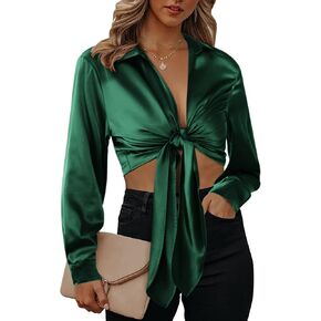 بلوزات شيغانت من الساتان للنساء قمصان حريرية مثيرة بأكمام طويلة وربطة عنق أمامية عميقة على شكل حرف V in Kuwait