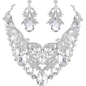 BriLove Women's Bohemian Boho Crystal Teardrop Filigree Leaf Hollow Statement Necklace Dangle Earrings Set
