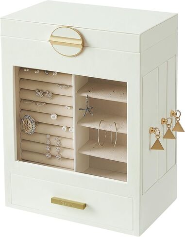 VIMBER Jewelry Box for Women, Jewelry Organizer with Glass Lid, Jewelry Storage with 3 Side Drawers, Jewelry Storage Case with Big Mirror, Modern Style, Gift for Loved Ones, White and Gold in Kuwait