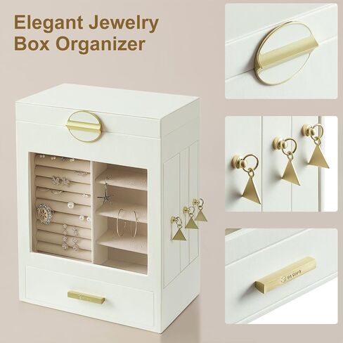 VIMBER Jewelry Box for Women, Jewelry Organizer with Glass Lid, Jewelry Storage with 3 Side Drawers, Jewelry Storage Case with Big Mirror, Modern Style, Gift for Loved Ones, White and Gold in Kuwait