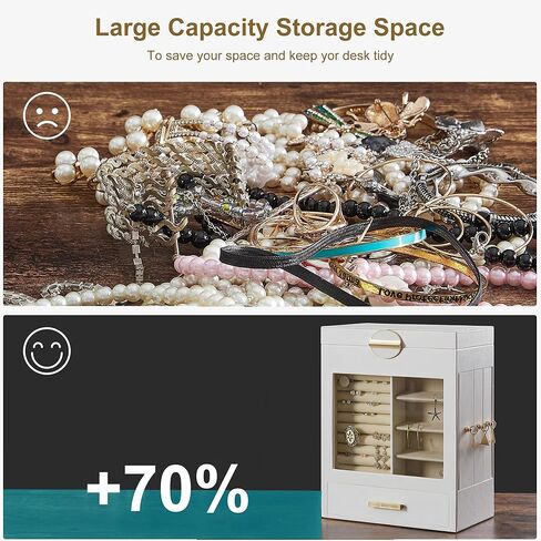VIMBER Jewelry Box for Women, Jewelry Organizer with Glass Lid, Jewelry Storage with 3 Side Drawers, Jewelry Storage Case with Big Mirror, Modern Style, Gift for Loved Ones, White and Gold in Kuwait