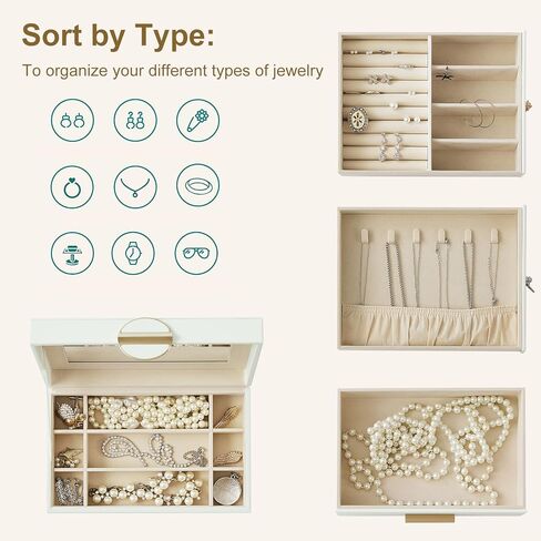 VIMBER Jewelry Box for Women, Jewelry Organizer with Glass Lid, Jewelry Storage with 3 Side Drawers, Jewelry Storage Case with Big Mirror, Modern Style, Gift for Loved Ones, White and Gold in Kuwait