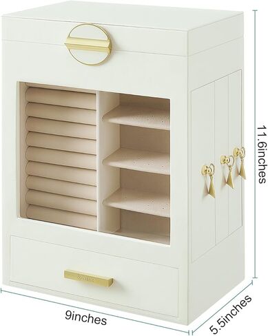 VIMBER Jewelry Box for Women, Jewelry Organizer with Glass Lid, Jewelry Storage with 3 Side Drawers, Jewelry Storage Case with Big Mirror, Modern Style, Gift for Loved Ones, White and Gold in Kuwait