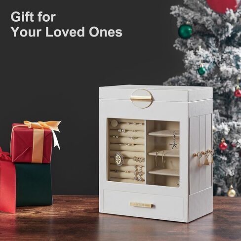 VIMBER Jewelry Box for Women, Jewelry Organizer with Glass Lid, Jewelry Storage with 3 Side Drawers, Jewelry Storage Case with Big Mirror, Modern Style, Gift for Loved Ones, White and Gold in Kuwait