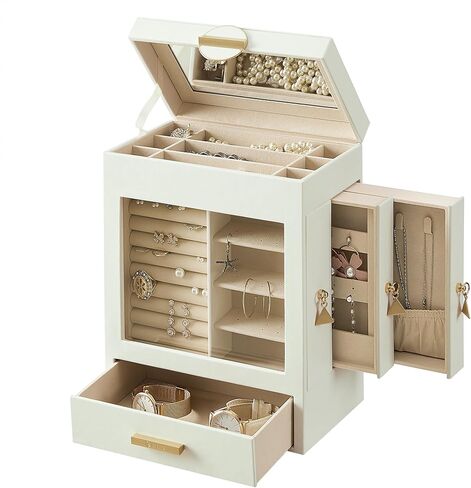 VIMBER Jewelry Box for Women, Jewelry Organizer with Glass Lid, Jewelry Storage with 3 Side Drawers, Jewelry Storage Case with Big Mirror, Modern Style, Gift for Loved Ones, White and Gold in Kuwait