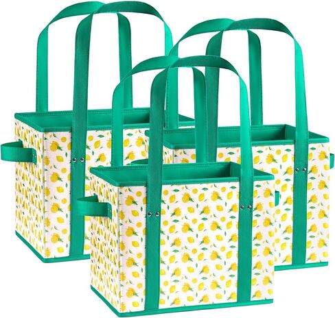 (3 عبوات) أكياس بقالة شديدة التحمل وقابلة لإعادة الاستخدام مع مقابض على شكل صندوق للوقوف، وتبقى مفتوحة وقابلة للطي بشكل مسطح، منظم حقائب كبيرة بمقابض طويلة وقاعدة معززة للتسوق بكميات كبيرة in Kuwait