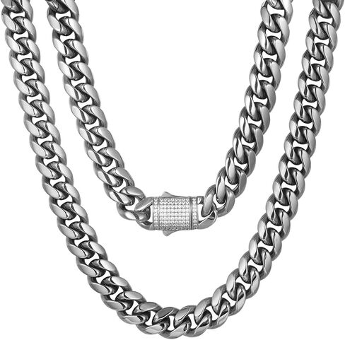 Luxfine 10/12 مم سلسلة ربط ميامي الكوبية 14 قيراط مطلية بالذهب الحقيقي قسط من الفولاذ المقاوم للصدأ قلادة الهيب هوب مجوهرات مضادة للحساسية للرجال والنساء عيد الميلاد هدية عيد ميلاد الأب (مشبك مثلج على الوجهين، مع صندوق وحقيبة) in Kuwait