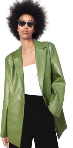 سترات MJORI النسائية الطويلة المصنوعة من الجلد الصناعي ذات الحجم الكبير، ملابس خارجية من البولي يوريثان مع جيب in Kuwait