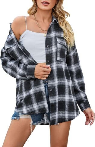 Zontroldy Womens Flannel Plaid Shirts Oversized Lightweight Buffalo Plaid Button Down Shirt Blouse Tops in Kuwait