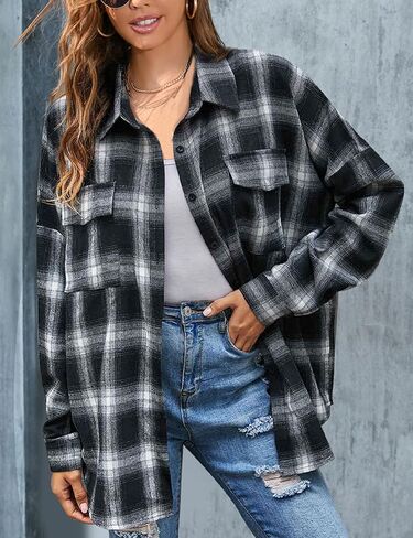 Zontroldy Womens Flannel Plaid Shirts Oversized Lightweight Buffalo Plaid Button Down Shirt Blouse Tops in Kuwait