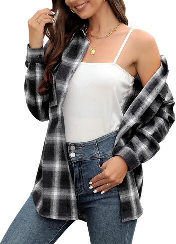 Zontroldy Womens Flannel Plaid Shirts Oversized Lightweight Buffalo Plaid Button Down Shirt Blouse Tops in Kuwait