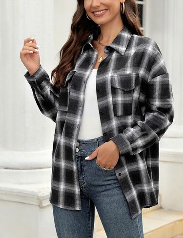Zontroldy Womens Flannel Plaid Shirts Oversized Lightweight Buffalo Plaid Button Down Shirt Blouse Tops in Kuwait