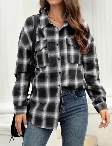 Zontroldy Womens Flannel Plaid Shirts Oversized Lightweight Buffalo Plaid Button Down Shirt Blouse Tops in Kuwait