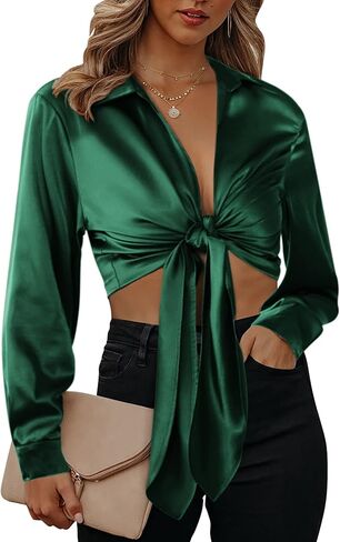 بلوزات شيغانت من الساتان للنساء قمصان حريرية مثيرة بأكمام طويلة وربطة عنق أمامية عميقة على شكل حرف V in Kuwait
