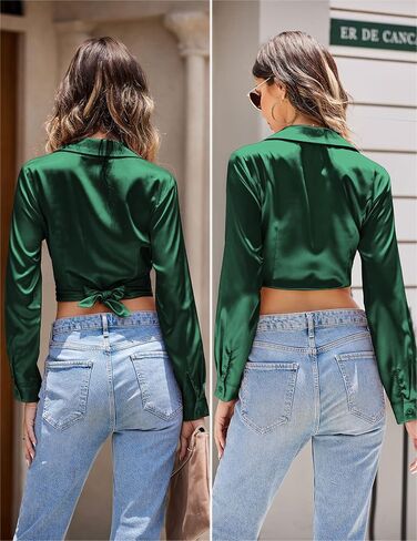 بلوزات شيغانت من الساتان للنساء قمصان حريرية مثيرة بأكمام طويلة وربطة عنق أمامية عميقة على شكل حرف V in Kuwait