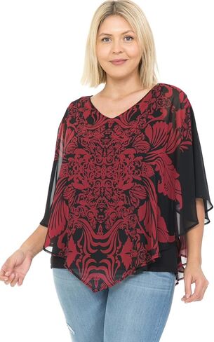 بلوزة LEEBE للنساء والمقاسات الكبيرة بطبقة مزدوجة من الشيفون المطبوع (Small-5X) in Kuwait