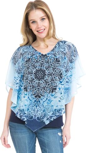 بلوزة LEEBE للنساء والمقاسات الكبيرة بطبقة مزدوجة من الشيفون المطبوع (Small-5X) in Kuwait