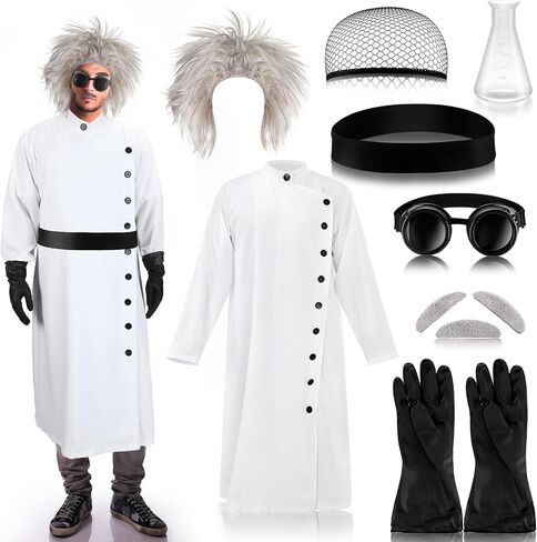 Jiuguva 9 Pcs Halloween Mad Scientist Costume for Adult Men including Coat Belt Beaker Gloves Goggles Wig Mustache Eyebrows (Trendy Style,Medium) in Saudi Arabia