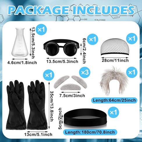 Jiuguva 9 Pcs Halloween Mad Scientist Costume for Adult Men including Coat Belt Beaker Gloves Goggles Wig Mustache Eyebrows (Trendy Style,Medium) in Saudi Arabia