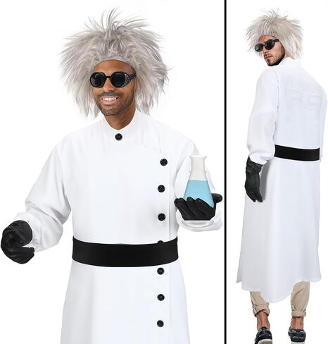 Jiuguva 9 Pcs Halloween Mad Scientist Costume for Adult Men including Coat Belt Beaker Gloves Goggles Wig Mustache Eyebrows (Trendy Style,Medium) in Saudi Arabia