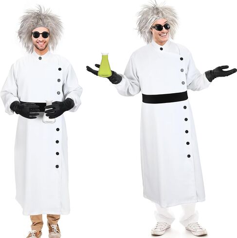Jiuguva 9 Pcs Halloween Mad Scientist Costume for Adult Men including Coat Belt Beaker Gloves Goggles Wig Mustache Eyebrows (Trendy Style,Medium) in Saudi Arabia