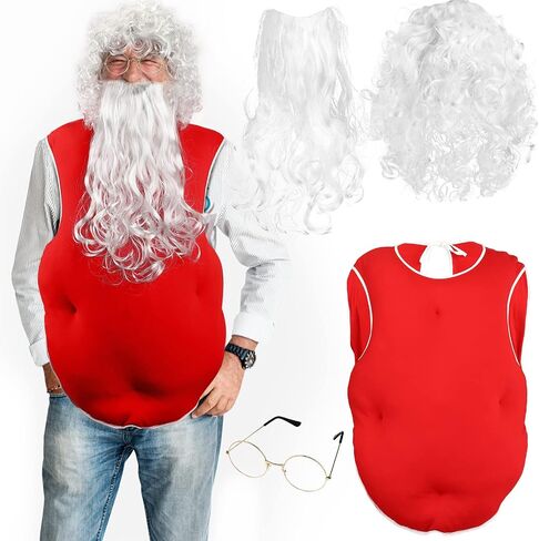 Jiuguva 4 Pcs Christmas Santa Costume Set, Oversized Santa Suit Red Belly Stuffer Costume Santa Belly Padding Fat Belly Costume, Santa Beard and Wig Set, Santa Claus Glasses for Adults Costumes in Saudi Arabia