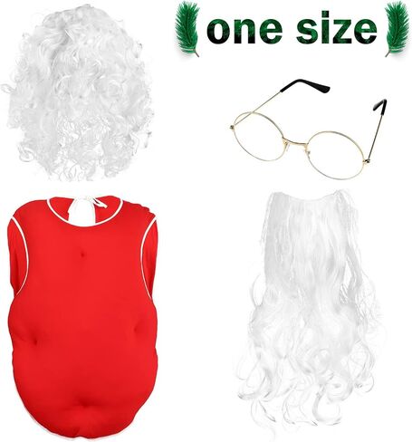 Jiuguva 4 Pcs Christmas Santa Costume Set, Oversized Santa Suit Red Belly Stuffer Costume Santa Belly Padding Fat Belly Costume, Santa Beard and Wig Set, Santa Claus Glasses for Adults Costumes in Saudi Arabia